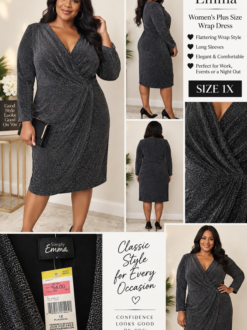 Simply Emma Black Metallic Sparkle Plus Size Wrap Dress